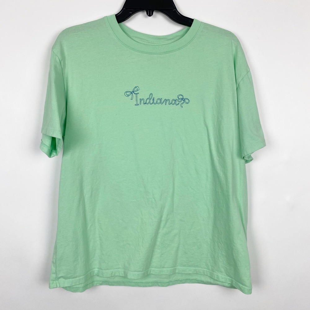 State of Mine Indiana Bow Embroidered‎ Short Sleeve T-Shirt Womens M Mint Green
